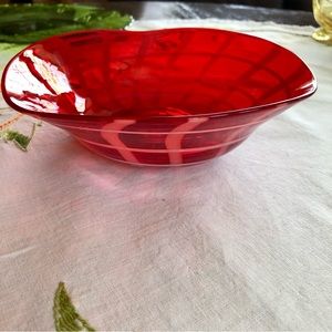 Vintage Hand Blown Red and White Swirl Art Glass Candy Dish. 7.5" Diameter